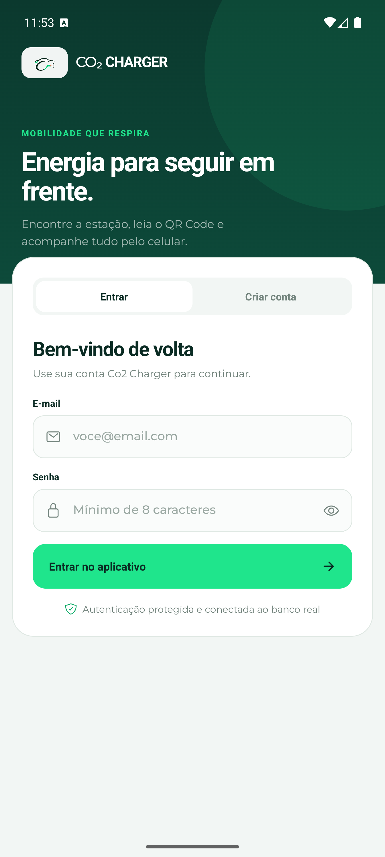 Login do aplicativo Co2 Charger